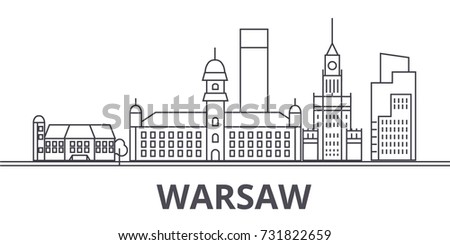 Warsaw architecture line skyline illustration. Linear vector cityscape with famous landmarks, city sights, design icons. Landscape wtih editable strokes