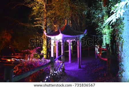 A Japanese style pagoda is illuminated in the forest to celebrate the traditional Indian Diwali "Festival of Lights".