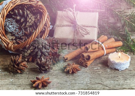 Christmas decorations on a wooden background