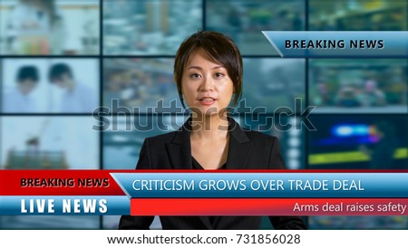 Asian American female anchor in studio with lower thirds and background screens, live TV news concept