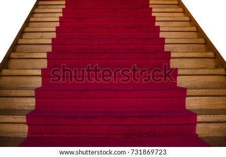 wood stairs covered with red carpet isolated on white background