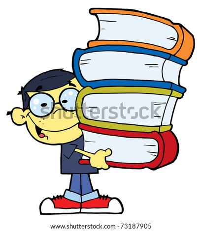 Smart Asian School Boy Carrying A Stack Of Books