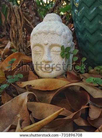 Mass produced buddha statue in garden.