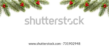 White Christmas and New Year holiday banner background top view border design with green pine, mistletoe, red berries and copy space