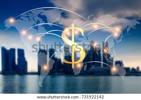 Dollar money world map. Global world map on business financial network city background