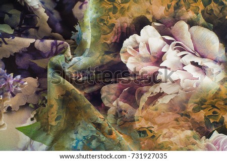 Texture, background, pattern. Fabric silk exquisite colors with peonies. Cabbage Rose Floral Decorator Fabric -Peonies Roses Morning Glories- Pink, Old Rose, Sage Green, Lavender Floral Cottage 