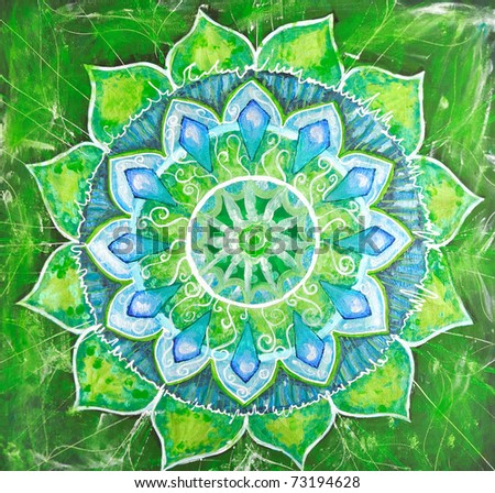 abstract green painted picture with circle pattern, mandala of anahata chakra