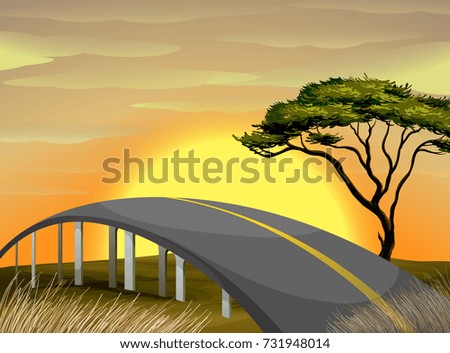 Bridge across the field at sunset illustration