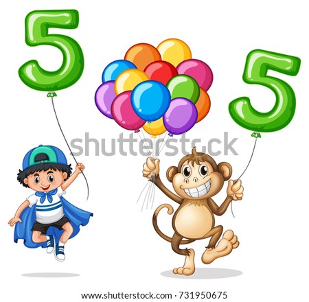 Boy and monkey with balloon number five illustration