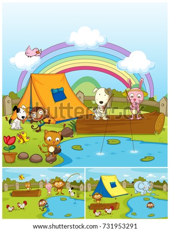 Farm animals playing in the park illustration