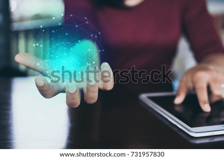 Double exposure of business woman hand hold light blue polygon, technology and communication concept.