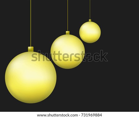 Christmas yellow balls isolated on a black background, new year decoration, vector illustration.