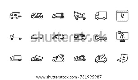 Truck Set of Transport Vector Line Icons. Contains such Icons as Truck, Transportation, Tow Truck, Cranes, Mixer, Garbage Truck, Manipulators, Delivery service and more. Editable Stroke. 32x32 Pixel Royalty-Free Stock Photo #731995987