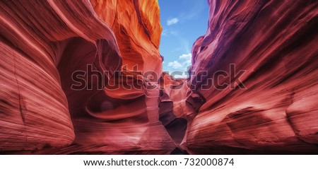 The Antelope Canyon, near Page, Arizona, USA. The Antelope Canyon is the most-visited and most-photographed slot canyon in the American Southwest. Royalty-Free Stock Photo #732000874