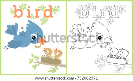 vector cartoon illustration of a bird feeding its cub with worm on nest, coloring book or page