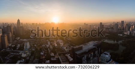 Central Bangkok And Lumpini Park At Sunrise, Aerial Panorama Shot
