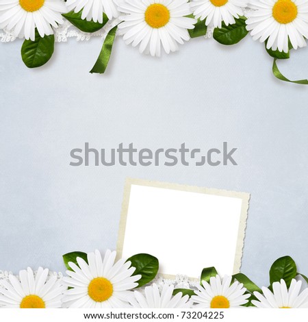 Blue background with camomiles and frame for photo