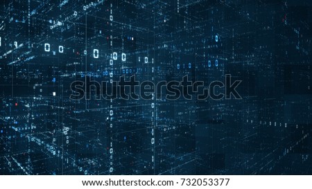 Digital binary code matrix background - 3D rendering of a scientific technology data binary code network conveying connectivity, complexity and data flood of modern digital age Royalty-Free Stock Photo #732053377