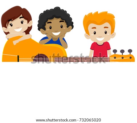 Vector Illustration of Guitar with Kids Behind Background