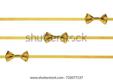 Three horizontal ribbon with gift bow, golden color, isolated on white