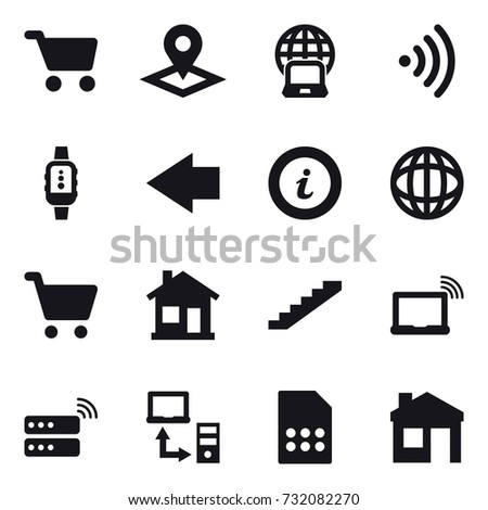 16 vector icon set : cart, pointer, notebook globe, wireless, smartwatch, left arrow, info, home, stairs, house