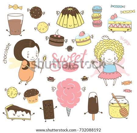 Set of different hand drawn sweet food doodles, with kawaii cartoon faces, arms, legs, cute fairy girls with wings and magic wands. Isolated objects on white background. Design concept dessert, kids.