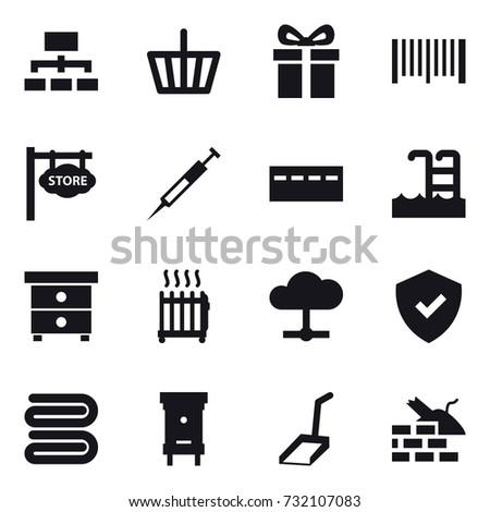 16 vector icon set : hierarchy, basket, gift, barcode, store signboard, bunker, pool, nightstand, radiator, towel, hive, scoop, construct garbage