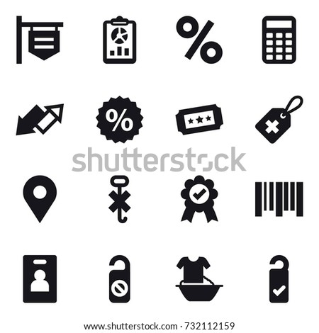 16 vector icon set : shop signboard, report, percent, calculator, up down arrow, ticket, identity card, do not distrub, handle washing, please clean
