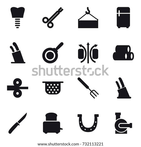 16 vector icon set : fridge, stands for knives, pan, colander, big fork, knife holder, knife, horseshoe, water pump
