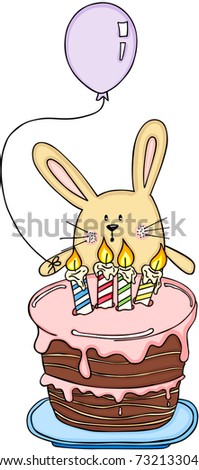 Funny rabbit with a balloon and birthday cake
