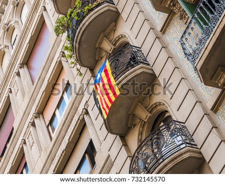 View of the balcony with the flags. The referendum on independence, Barcelona, Catalonia, Spain. Close-up