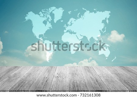 Nature cloudscape with blue sky and white cloud with Wood terrace , process in vintage style, Map