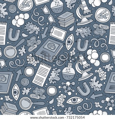 Cartoon cute hand drawn Science seamless pattern. Line art detailed, with lots of objects background. Endless funny vector illustration. Monochrome scientific backdrop.