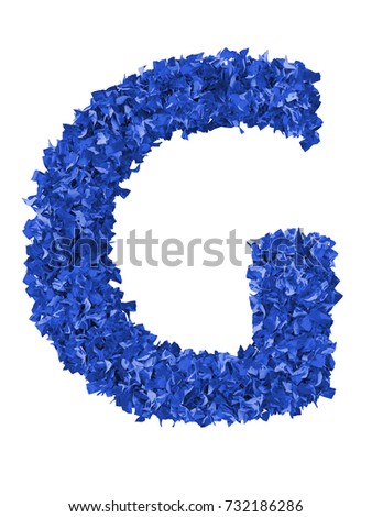 3D render of blue abstract alphabet make from small papers.Big letter G with clipping path. Isolated on white background
