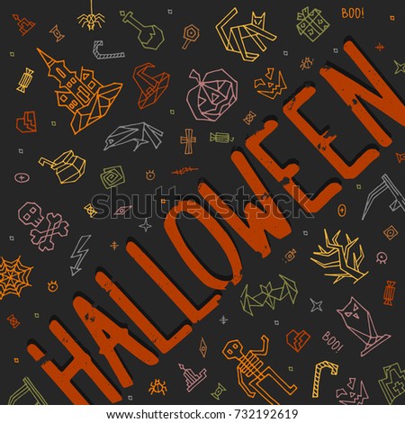 Greeting card Happy Halloween with lettering. Postcard Halloween with  outline elements, objects, symbols and items. Doodle colored hand drawn style creative vector design.