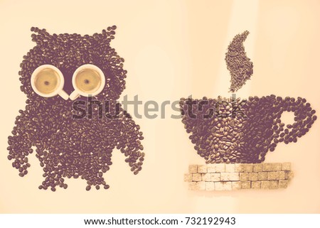 owl of coffee beans and a cup of coffee,  coffee break. Toned.