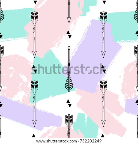 Vector seamless pattern with tribal arrows, triangles and brush painted elements. Boho style