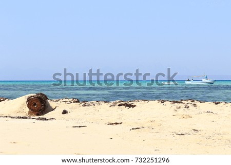 Sea view, blue lagoon, Red Sea, Egypt, beautiful landscape with sea blue water, sandy beach coastline and mountains view on the horizon line, uninhabited islands of the Red Sea, nature beauty picture