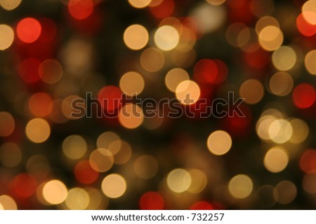 Red Green and Yellow Christmas Lights and Ornaments on a Christmas Tree Background, Soft Focus