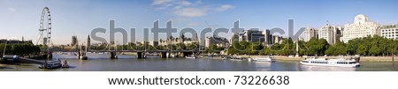 City of London Panoramic view from Waterloo Brige. London eye, Big Ben and Houses of Parliament.