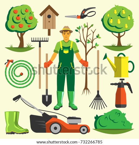 Gardening tools vector. Gardener with a tree. Cartoon garden equipment and plants flat set illustration isolated.