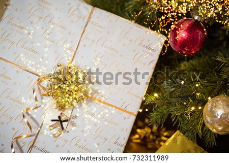 Christmas gift box and tree decorations