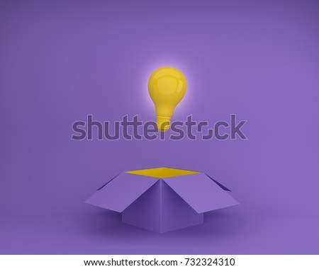 Yellow Light bulbs glowing creative idea think outside the box on purple background , Concept idea about Business for innovation and inspiration.