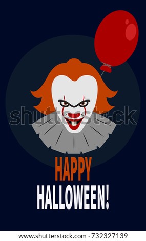 Scary clown with red balloon. - Stock vector