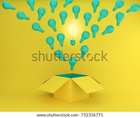 green Light bulbs glowing the different creative idea think outside the box on yellow background , Concept idea about Business for innovation and inspiration.