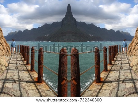 symmetrical photography of cliffs and walkway by the sea in Tenerife, Taganana, Spain,