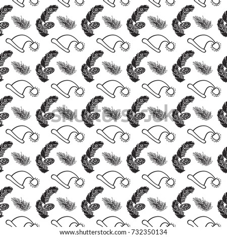 Hand drawn seamless pattern with santa hat and spruces.