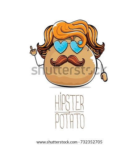 vector funny cartoon cute brown hipster potato with long blond hair, mustache and blue heart shape sunglasses isolated on white background. My name is potato vector concept. vegetable funky character