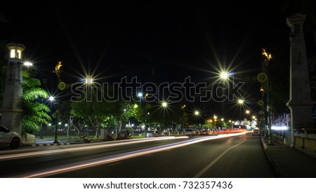 View long exposure photographs of Road at night Nakhon Si Thammarat City in Thailand