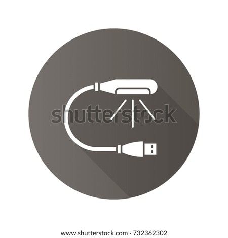 USB lamp flat design long shadow glyph icon. Lamp for computer. Vector silhouette illustration